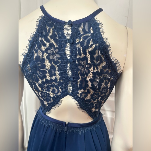 CHRISTINA WU HALTER NECK LACE CHIFFON BRIDSMADE LONG DRESS NAVY BLUE BRAS SIZE 2 - Picture 10 of 15